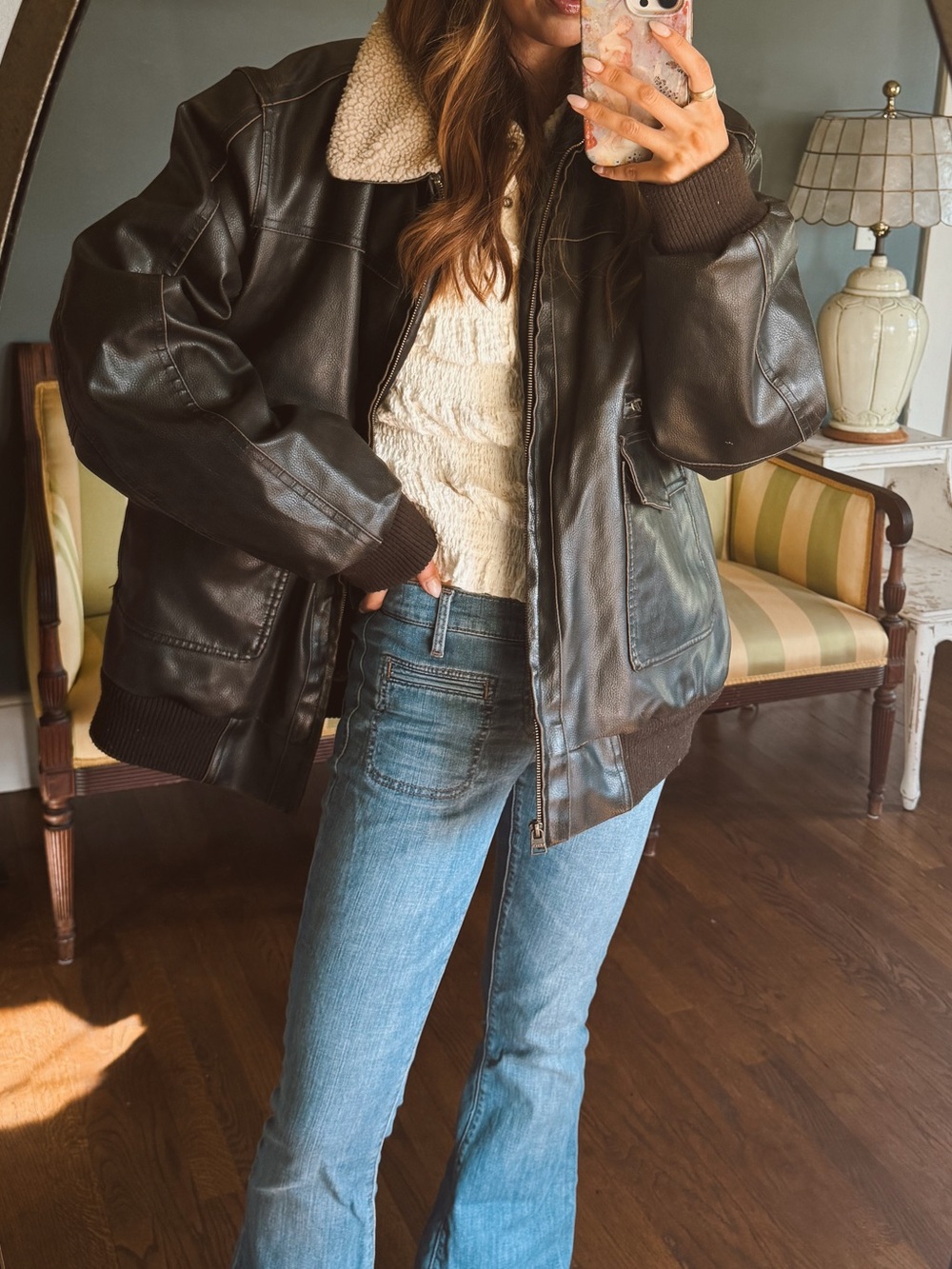 Levi's dark Brown Faux Leather Bomber Jacket with Cream Sherpa lining